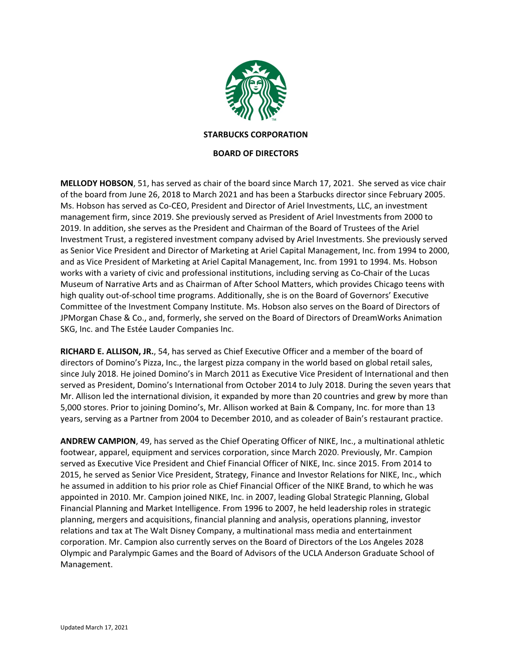 Starbucks Corporation Board of Directors