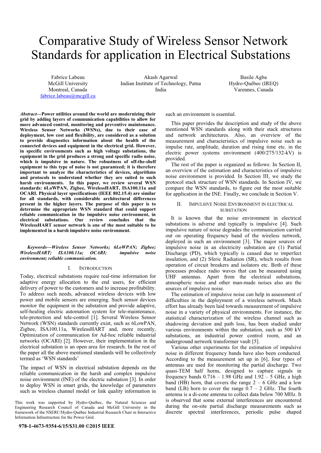 Comparative Study of Wireless Sensor Network Standards for Application in Electrical Substations