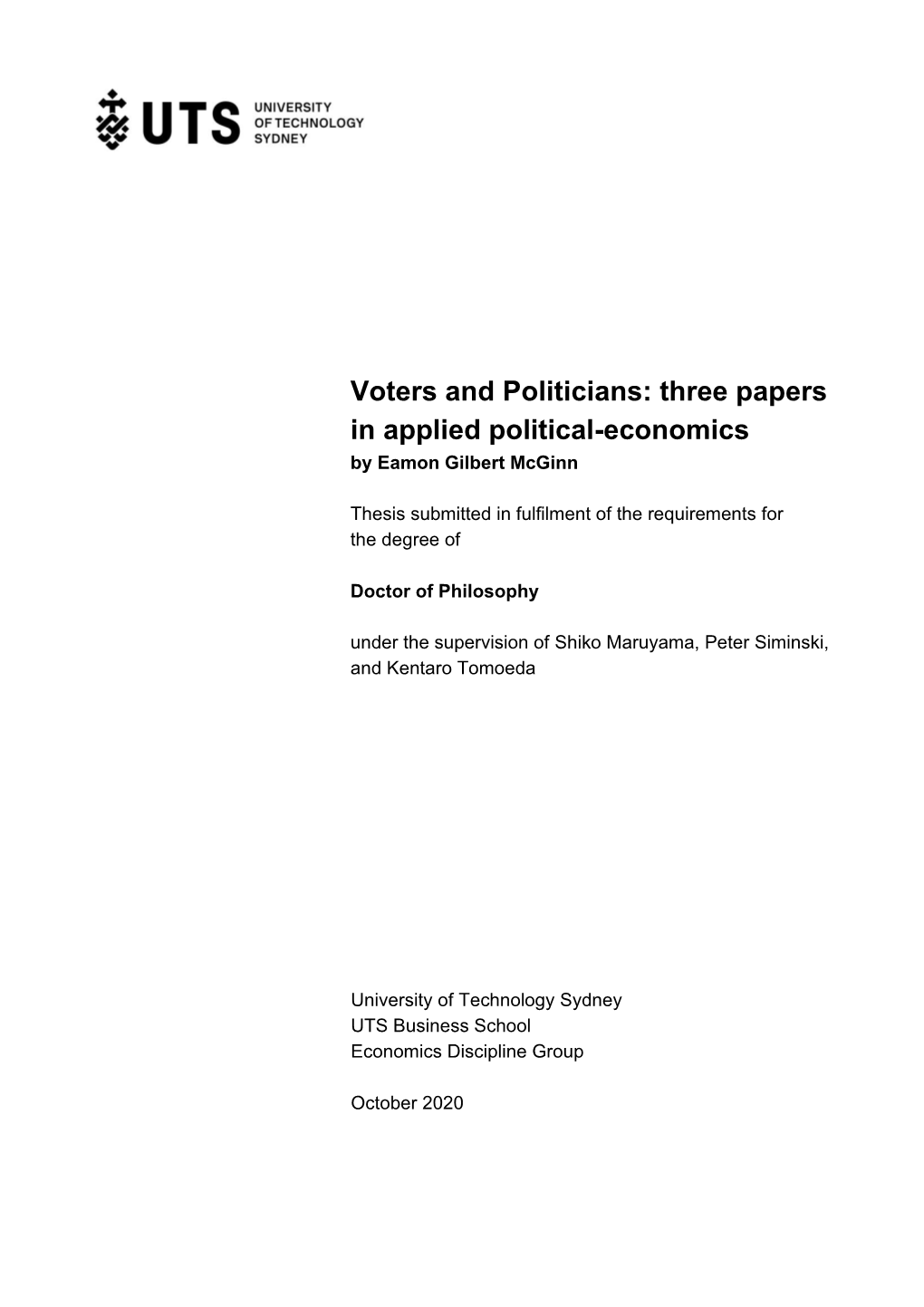 Voters and Politicians: Three Papers in Applied Political-Economics by Eamon Gilbert Mcginn