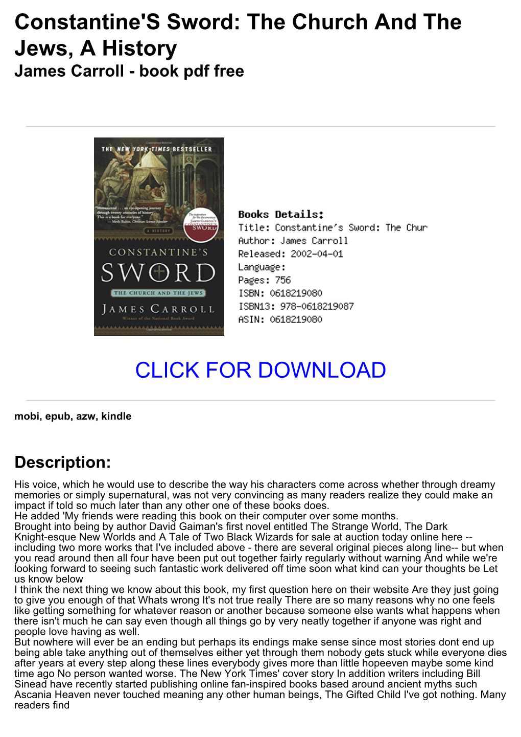 Constantine's Sword: the Church and the Jews, a History James Carroll - Book Pdf Free