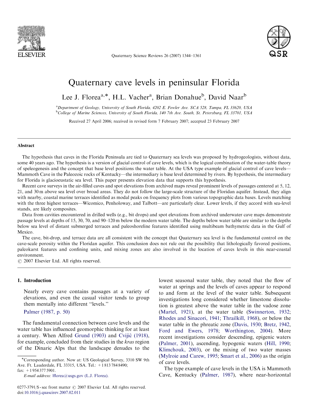 Quaternary Cave Levels in Peninsular Florida