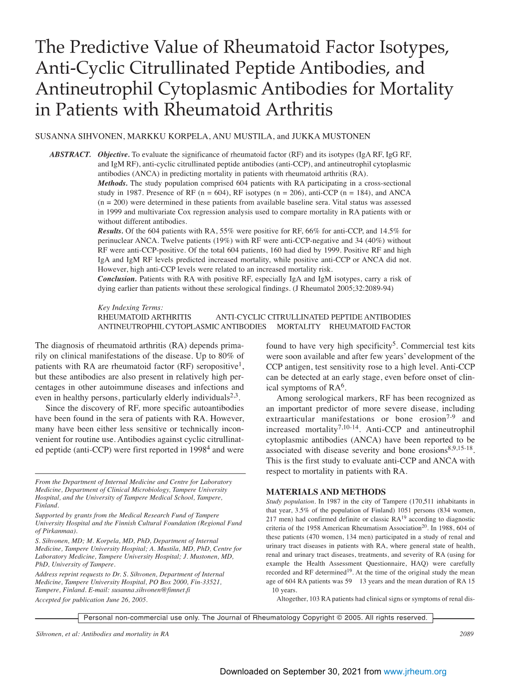 The Predictive Value of Rheumatoid Factor Isotypes