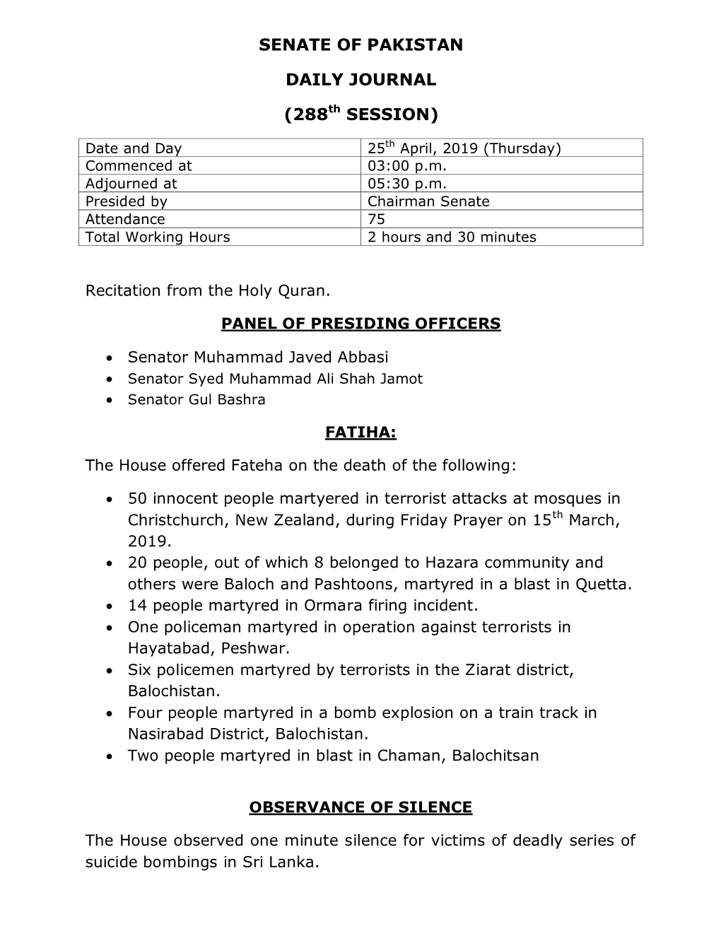 SENATE of PAKISTAN DAILY JOURNAL (288Th SESSION)