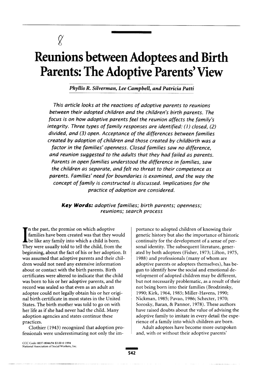 Reunions Between Adoptees and Birth Parents: the Adoptive Parents' View