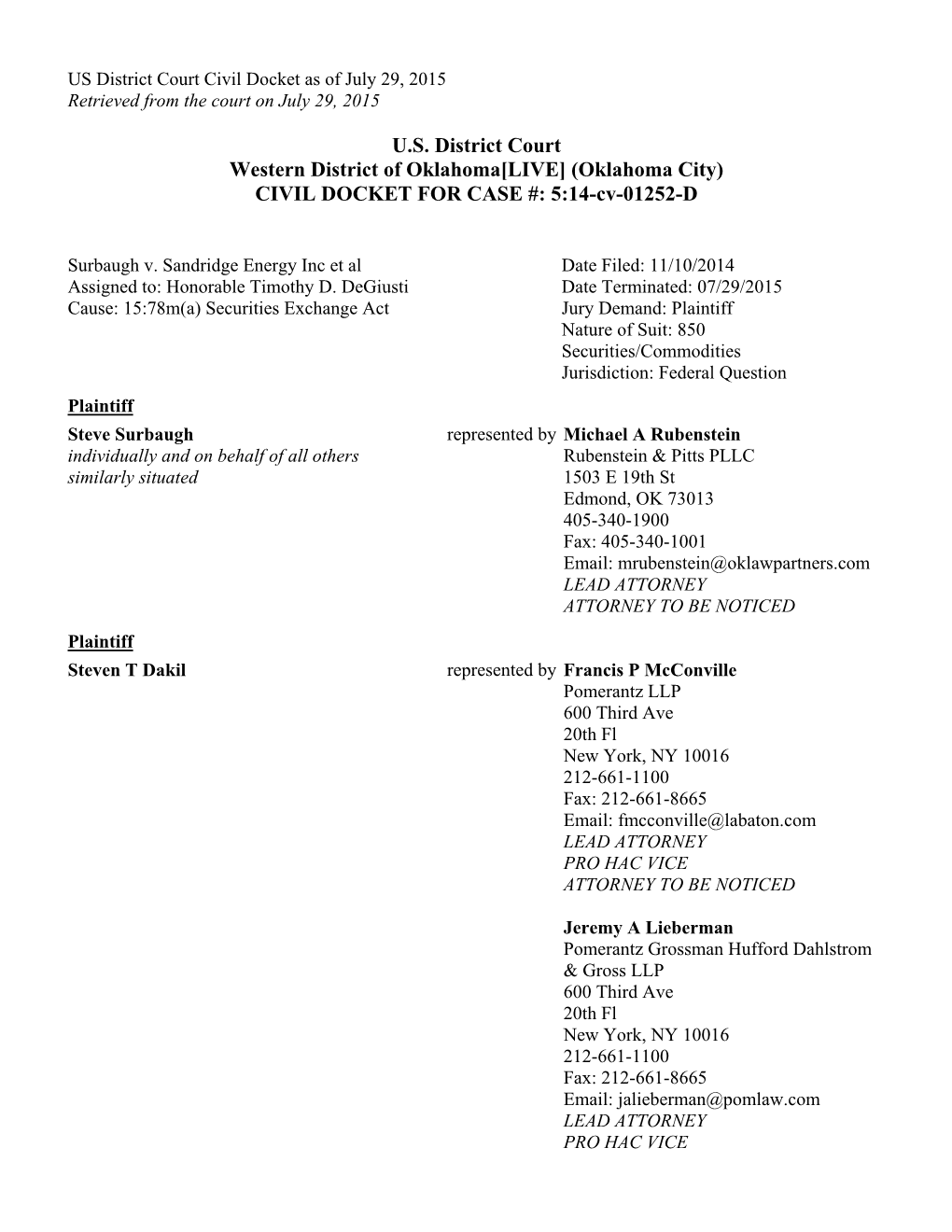 Steve Surbaugh, Et Al. V. Sandridge Energy Inc., Et Al. 14-CV-01252-U.S. District Court Civil Docket