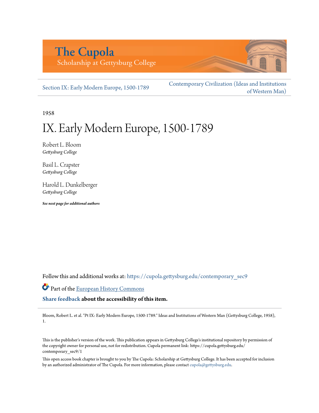 IX. Early Modern Europe, 1500-1789 Robert L