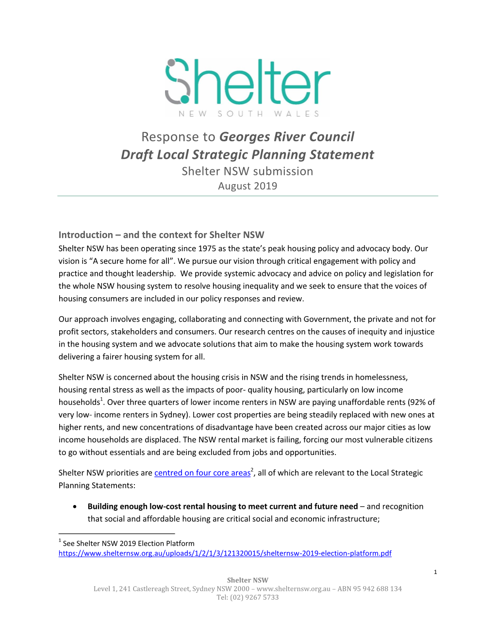 Response to Georges River Council Draft Local Strategic Planning Statement Shelter NSW Submission August 2019