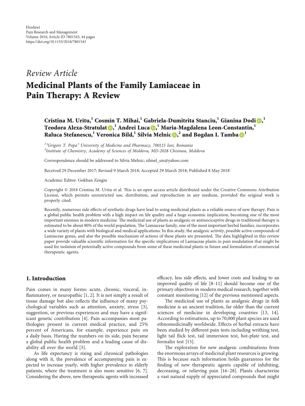 Review Article Medicinal Plants of the Family Lamiaceae in Pain Therapy: a Review