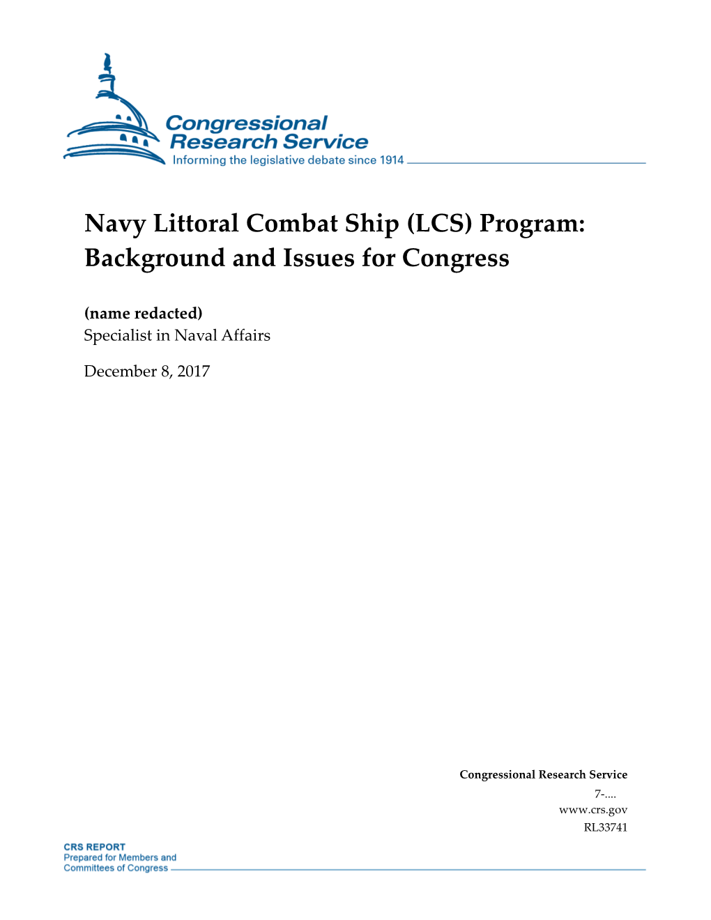 Navy Littoral Combat Ship (LCS) Program: Background and Issues for Congress