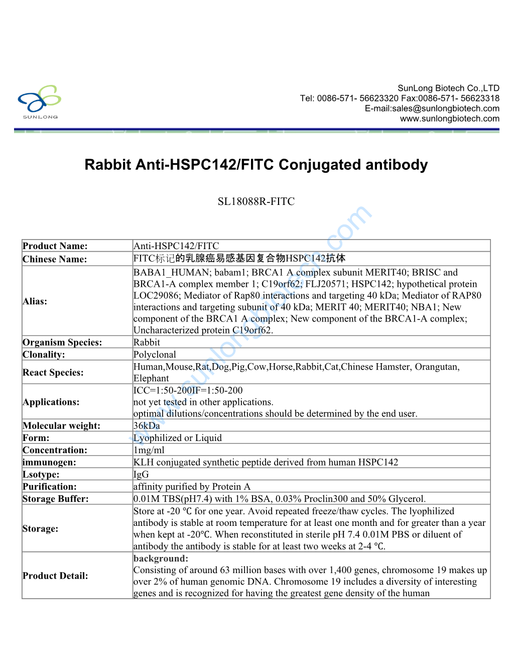 Rabbit Anti-HSPC142/FITC Conjugated Antibody