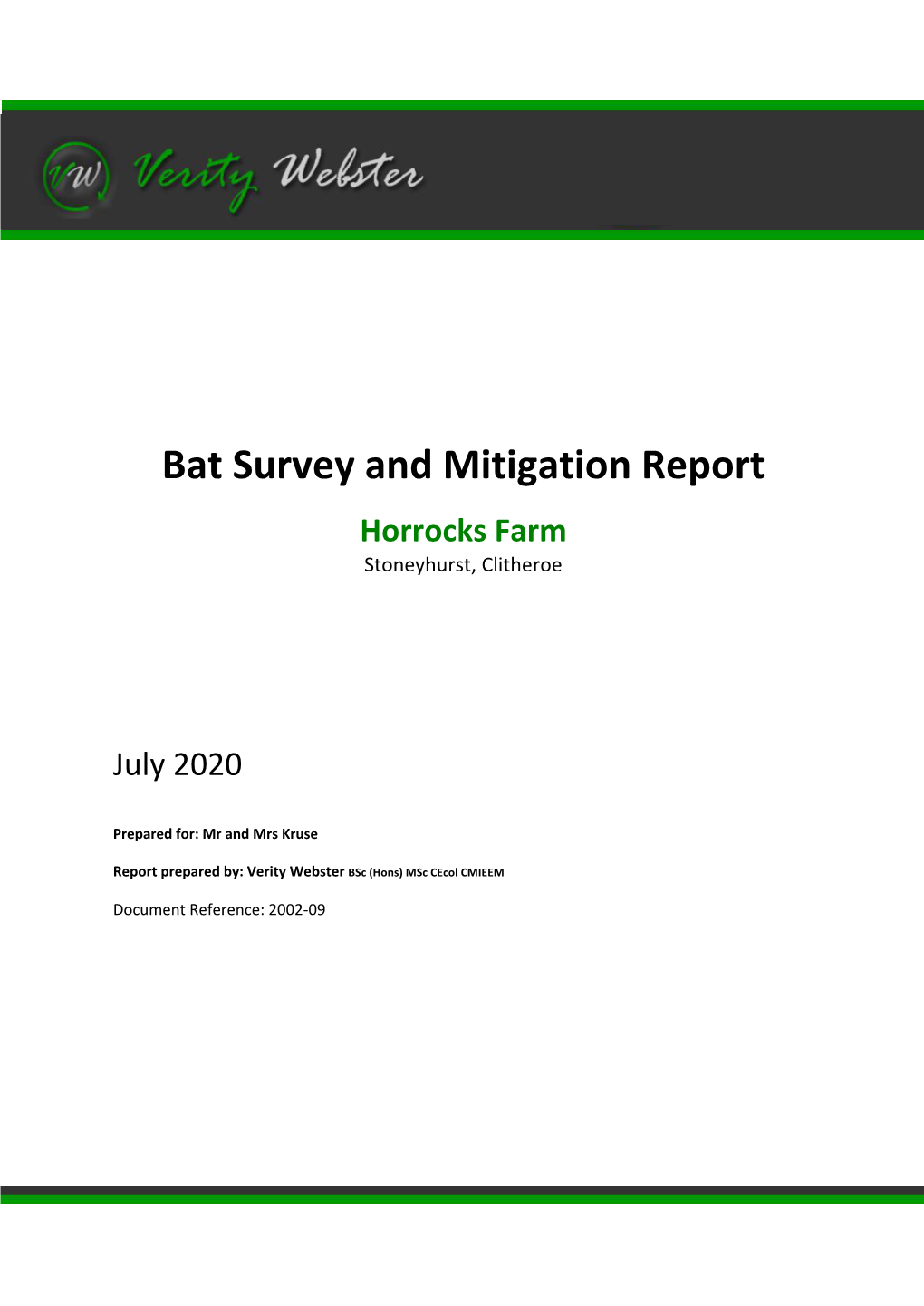 Bat Survey and Mitigation Report Horrocks Farm Stoneyhurst, Clitheroe