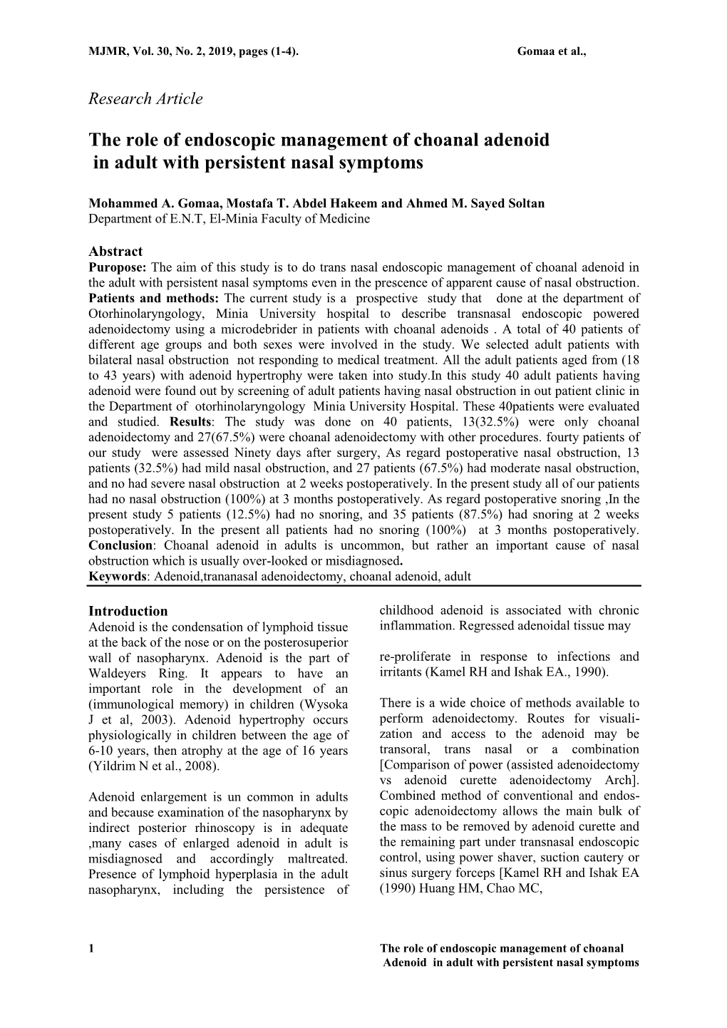 The Role of Endoscopic Management of Choanal Adenoid in Adult with Persistent Nasal Symptoms