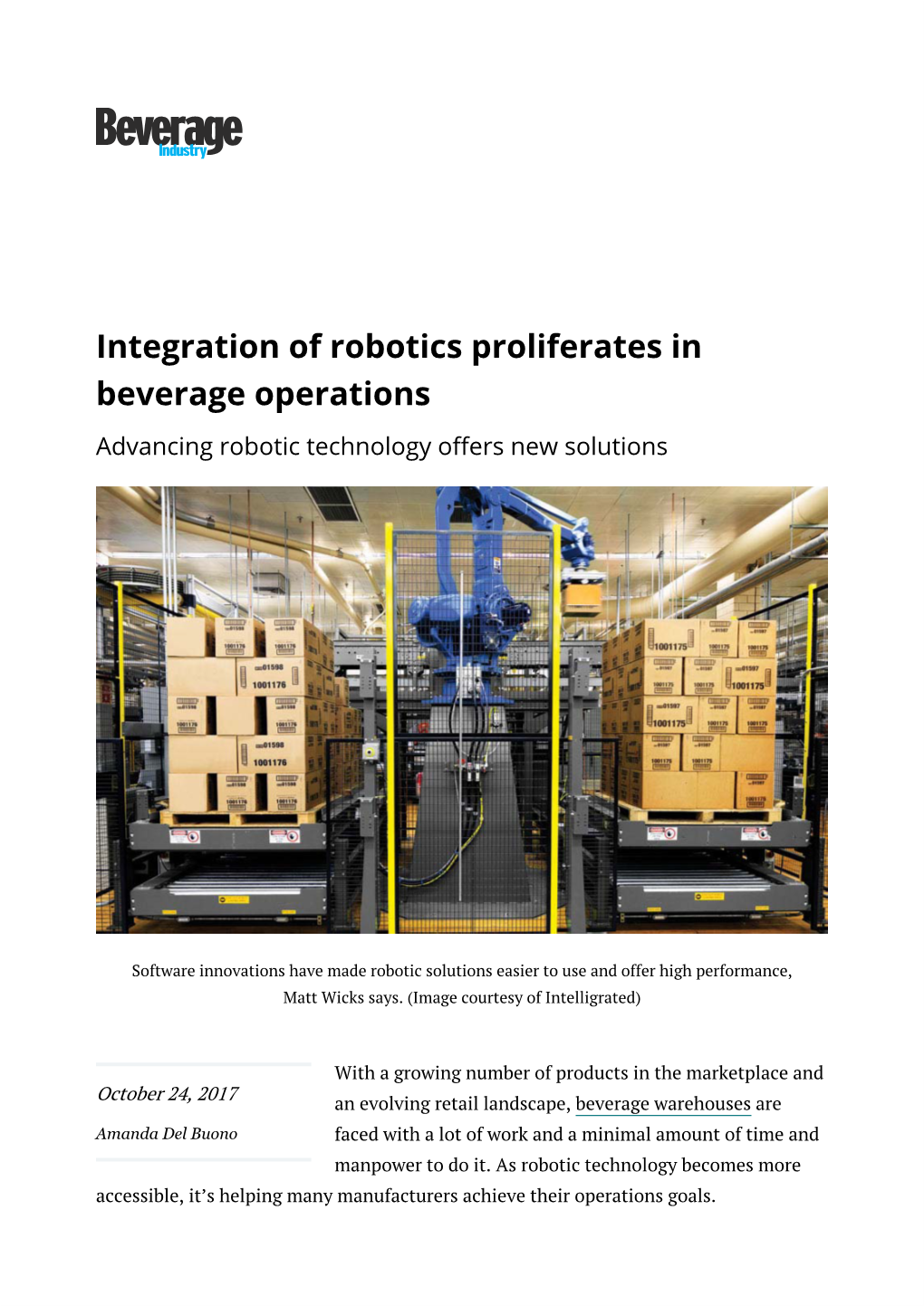 Integration of Robotics Proliferates in Beverage Operations Advancing Robotic Technology Offers New Solutions