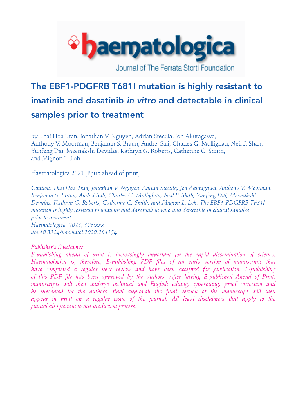 The EBF1-PDGFRB T681I Mutation Is Highly Resistant to Imatinib And