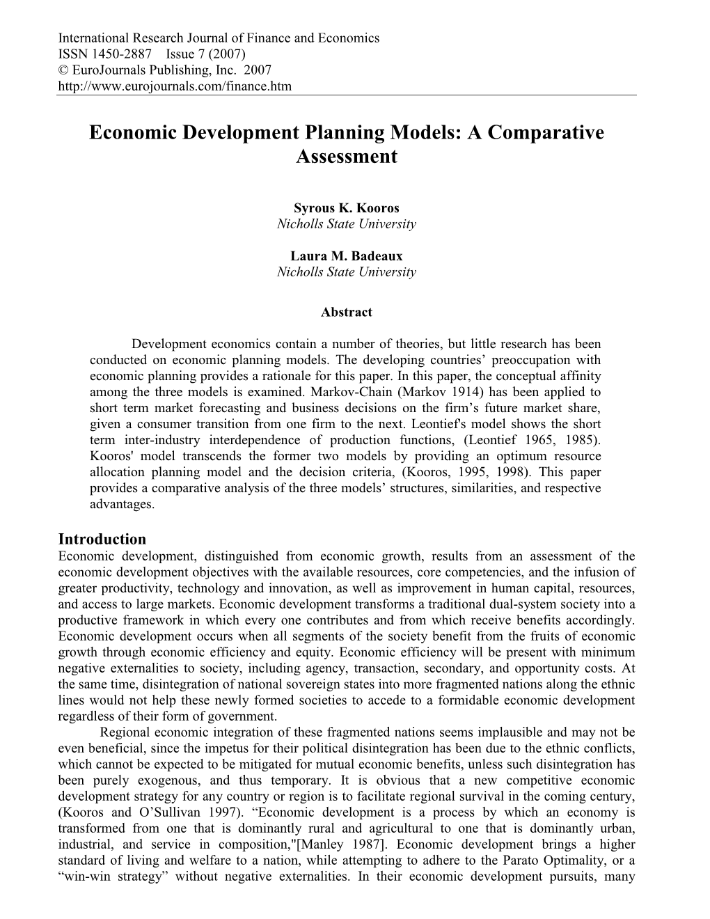 Economic Development Planning Models: a Comparative Assessment