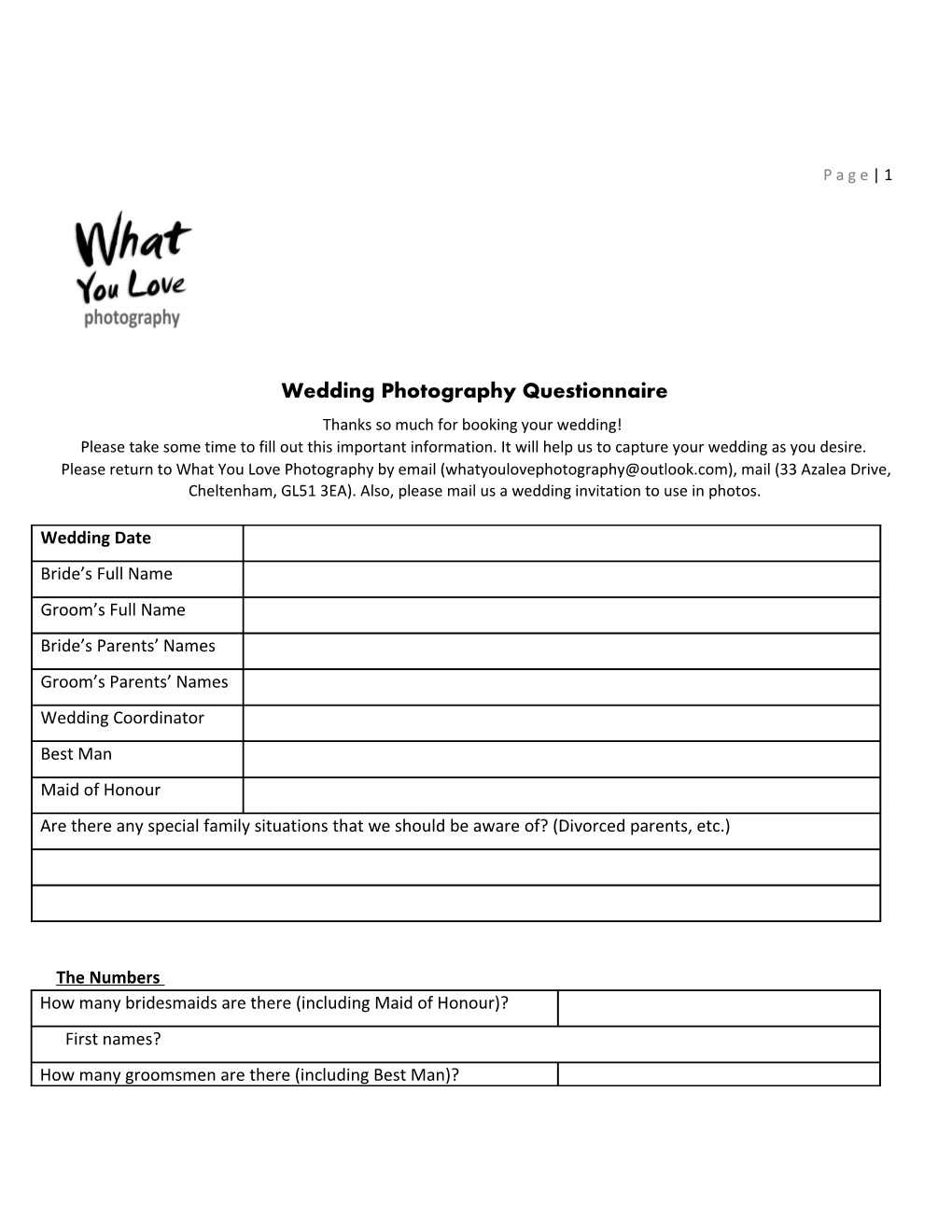 Wedding Photography Questionnaire