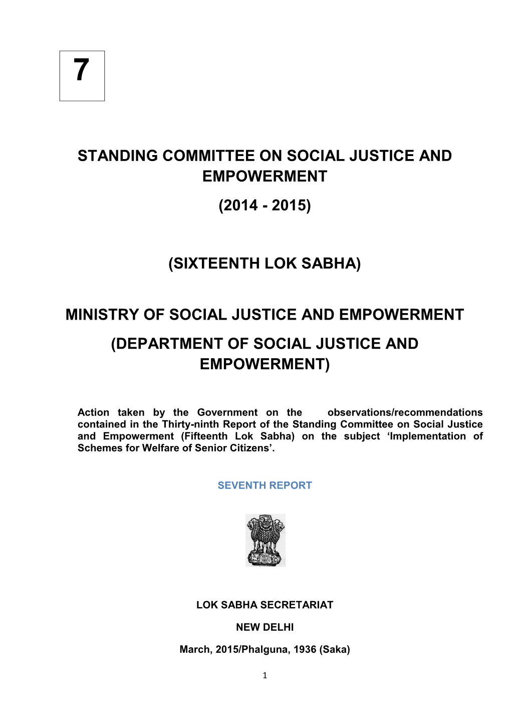 (Sixteenth Lok Sabha) Ministry of Social Justice And