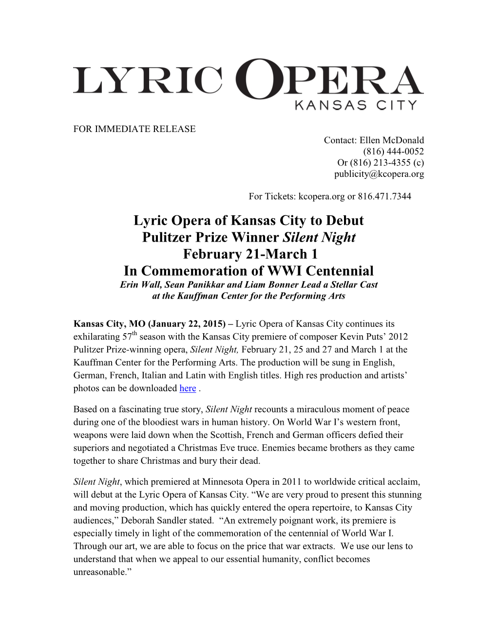 Lyric Opera of Kansas City to Debut Pulitzer Prize Winner Silent