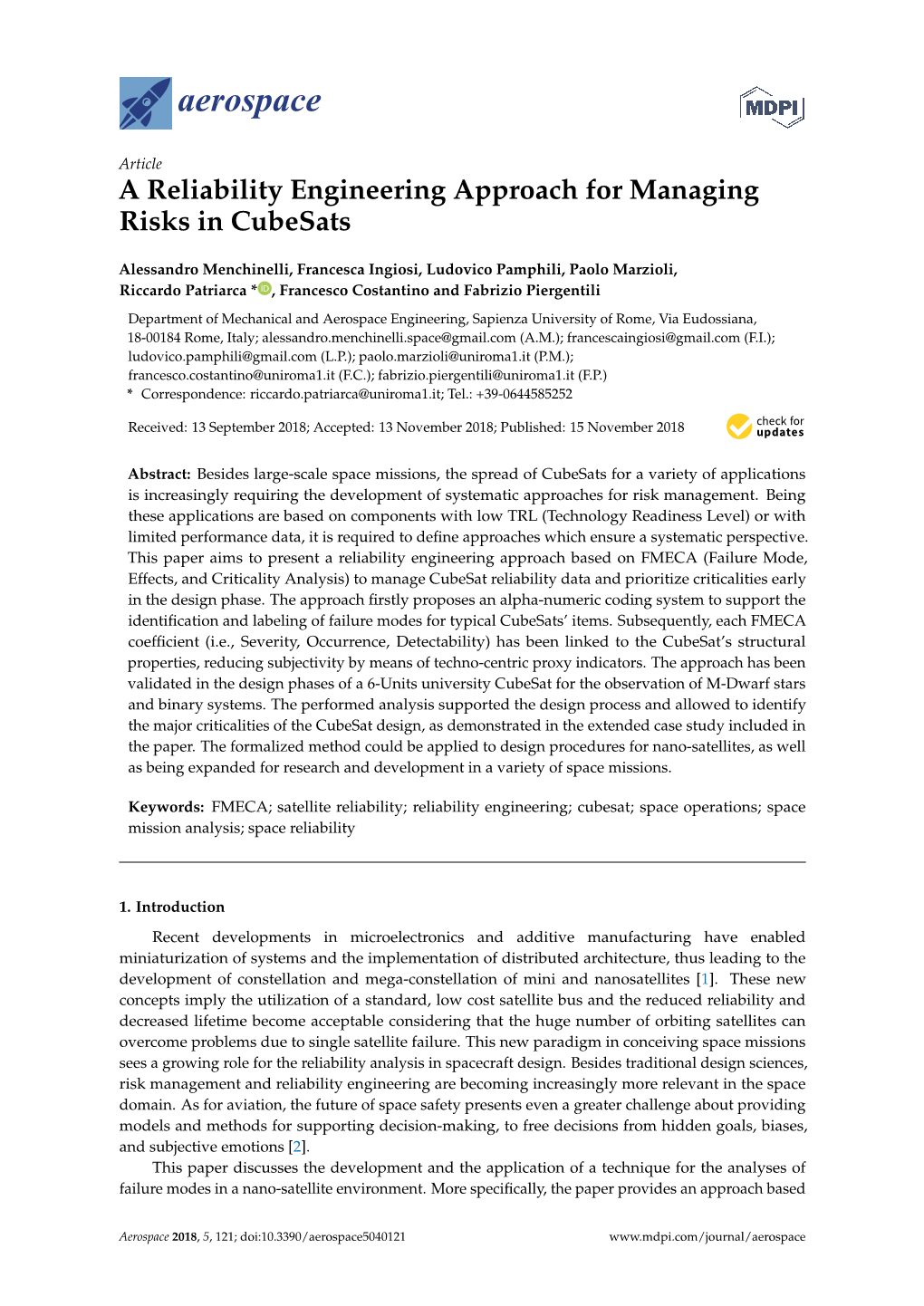 A Reliability Engineering Approach for Managing Risks in Cubesats