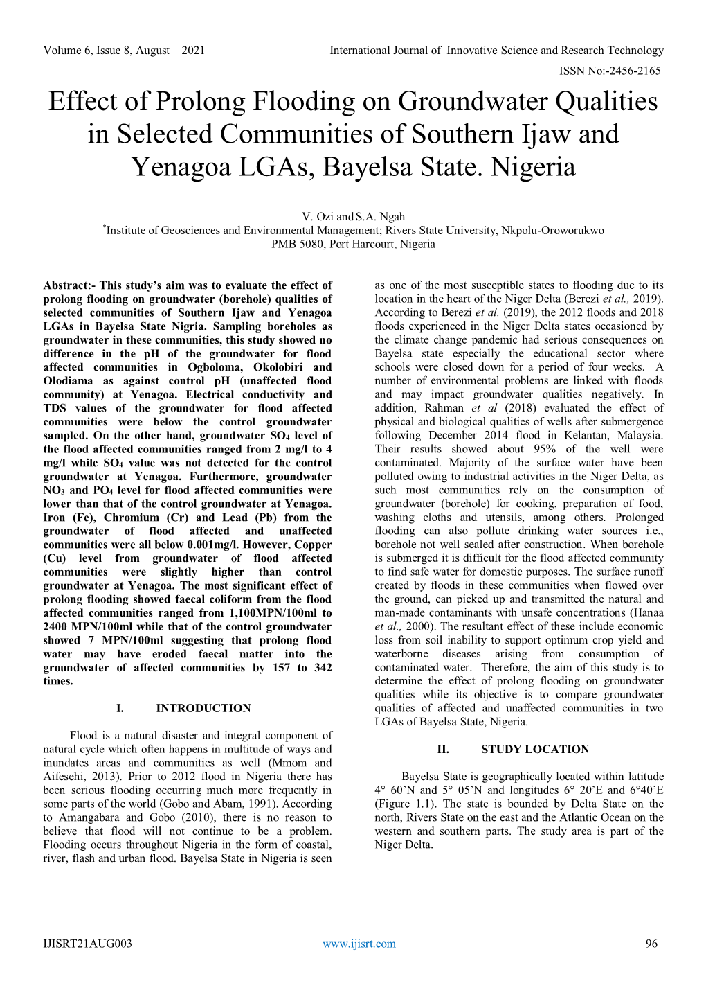 Effect of Prolong Flooding on Groundwater Qualities in Selected Communities of Southern Ijaw and Yenagoa Lgas, Bayelsa State