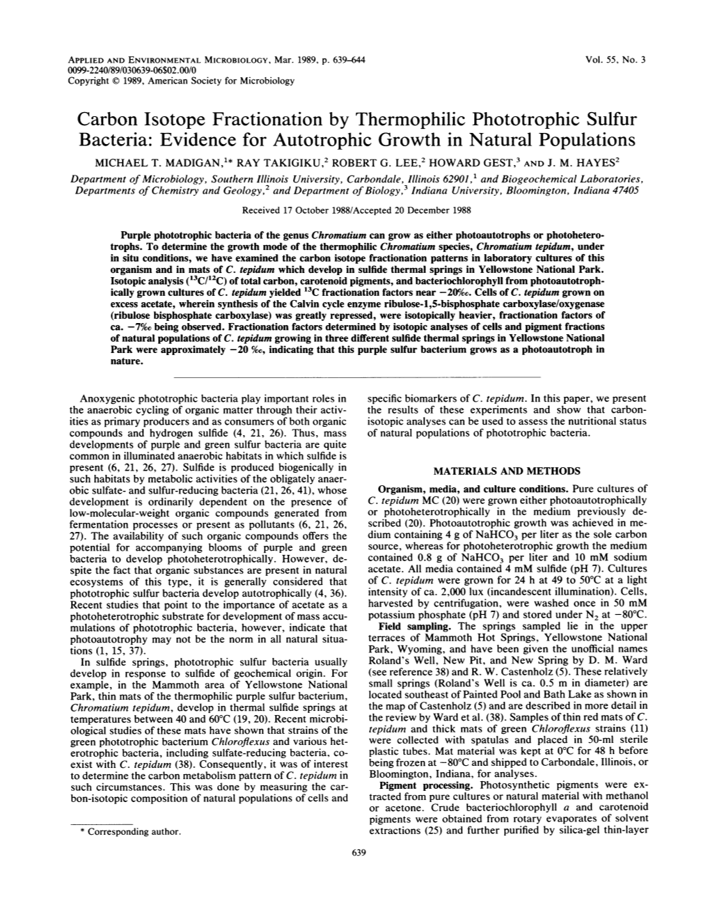 Carbon Isotope Fractionation by Thermophilic Phototrophic Sulfur Bacteria: Evidence for Autotrophic Growth in Natural Populations MICHAEL T