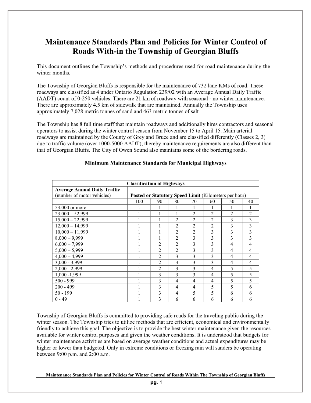 Maintenance Standards Plan and Policies for Winter Control of Roads With-In the Township of Georgian Bluffs