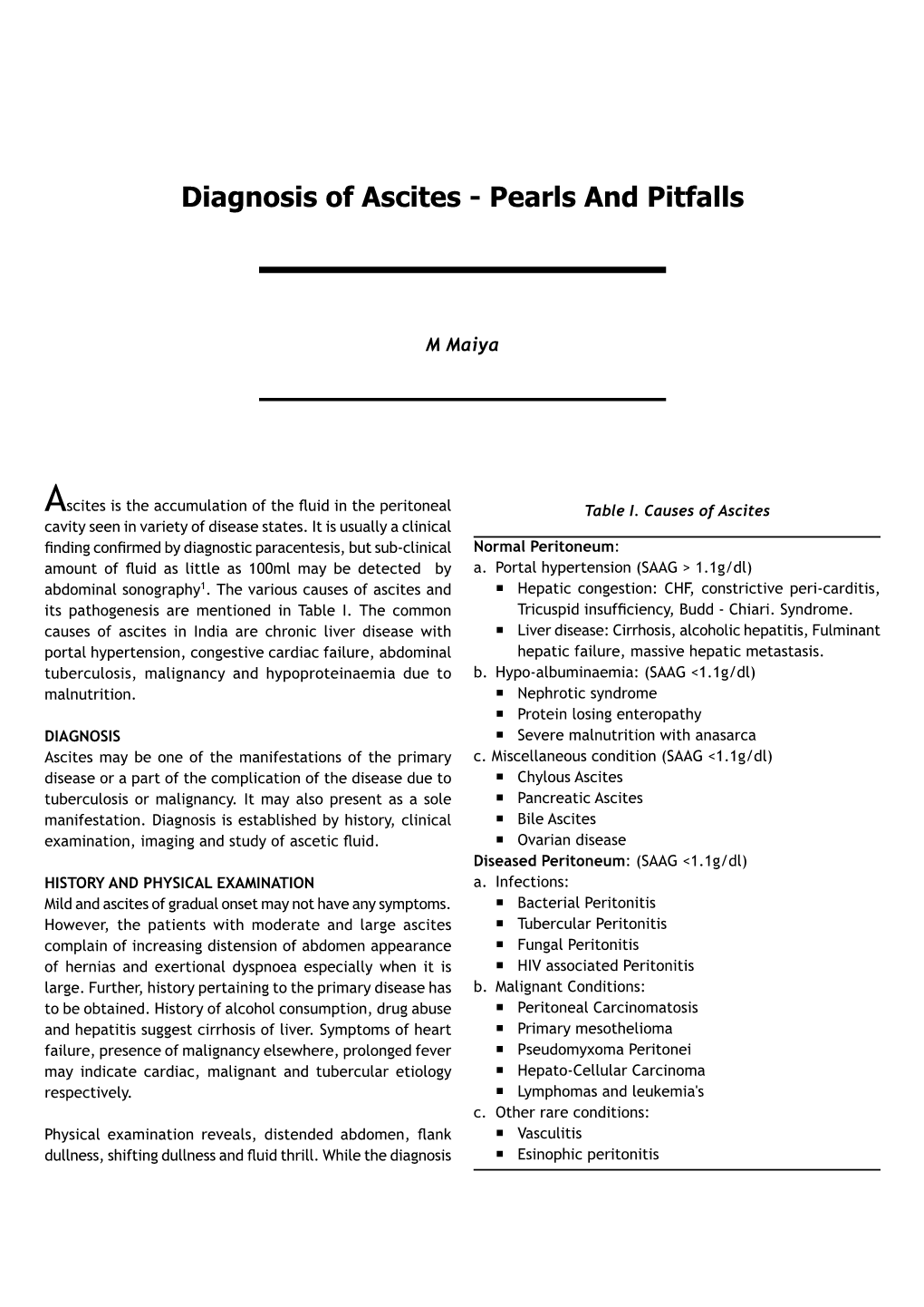 Diagnosis of Ascites - Pearls and Pitfalls