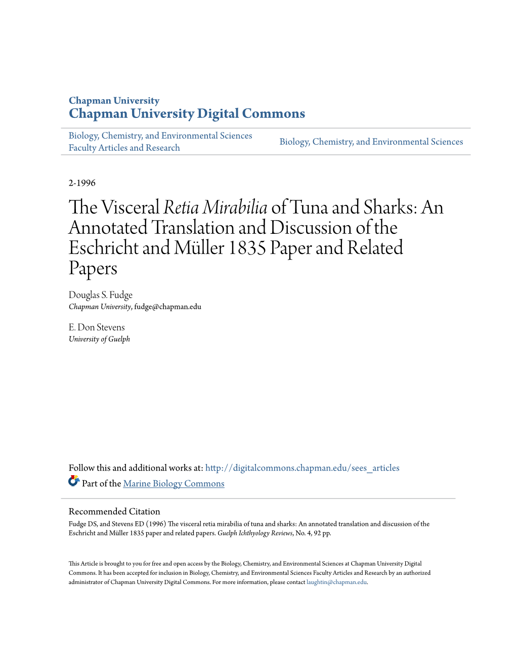 The Visceral Retia Mirabilia of Tuna and Sharks: an Annotated Translation and Discussion of the Eschricht and Müller 1835 Paper and Related Papers