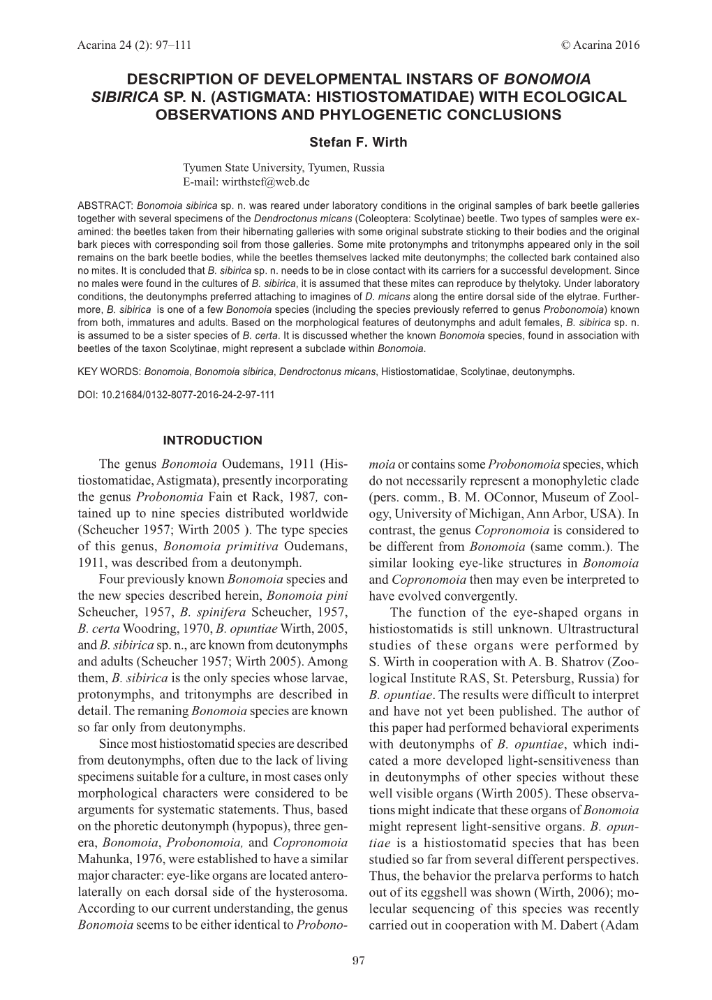 ASTIGMATA: HISTIOSTOMATIDAE) with ECOLOGICAL OBSERVATIONS and PHYLOGENETIC CONCLUSIONS Stefan F