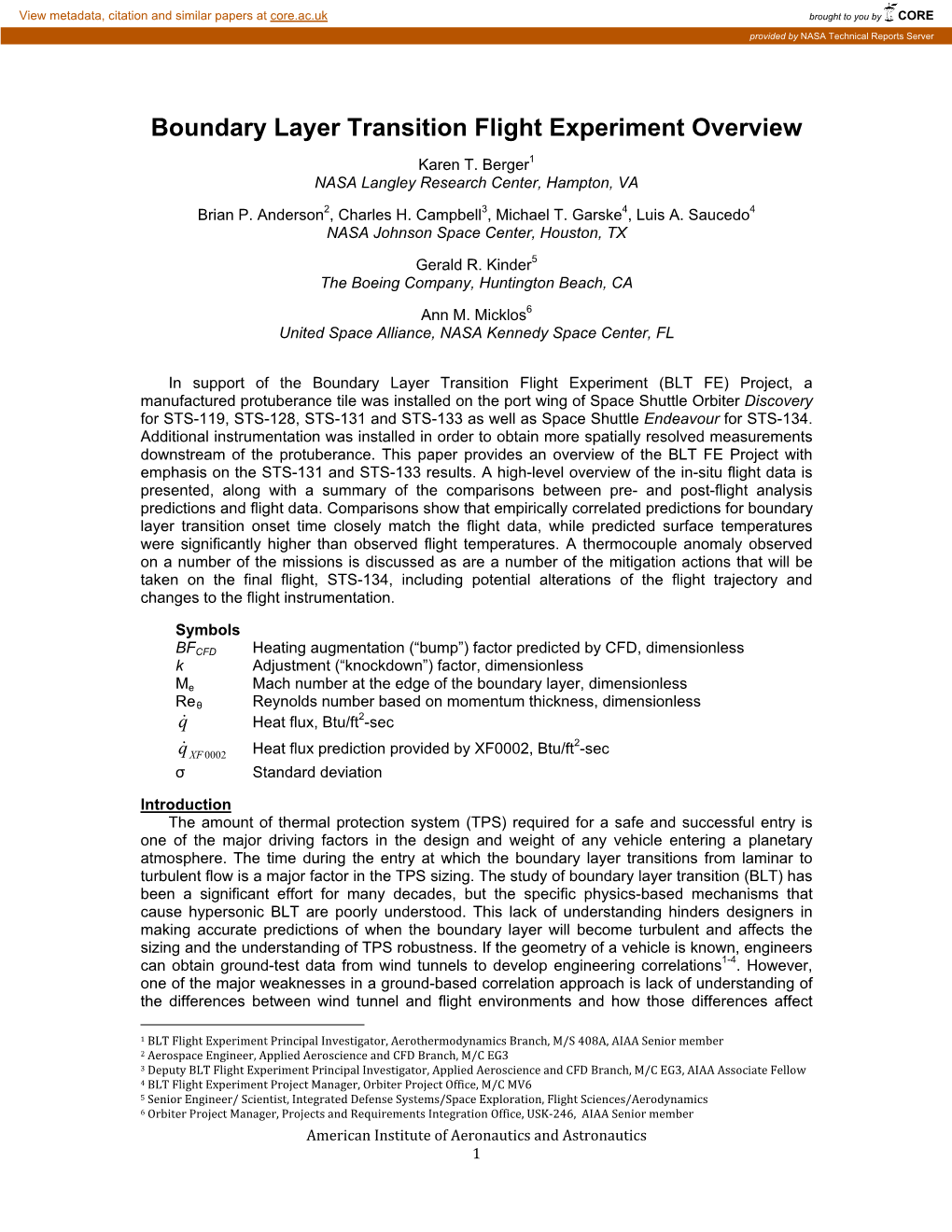 Boundary Layer Transition Flight Experiment Overview