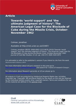 The American Legal Case for the Blockade of Cuba During the Missile Crisis, October- November 1962