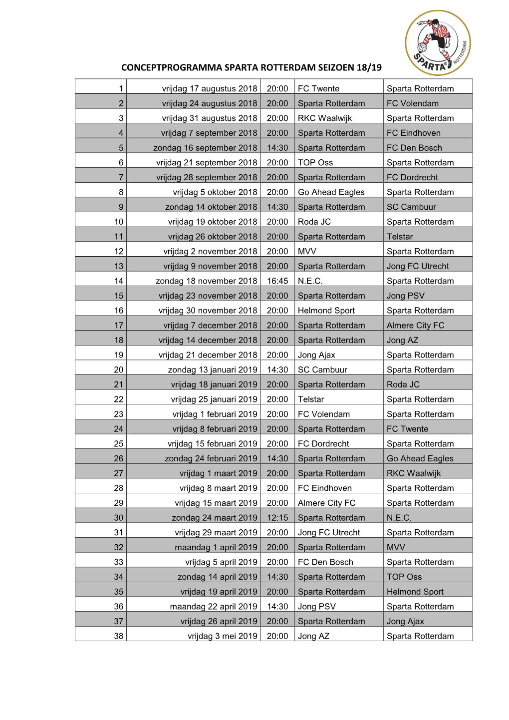 Conceptprogramma Sparta Rotterdam Seizoen 18/19