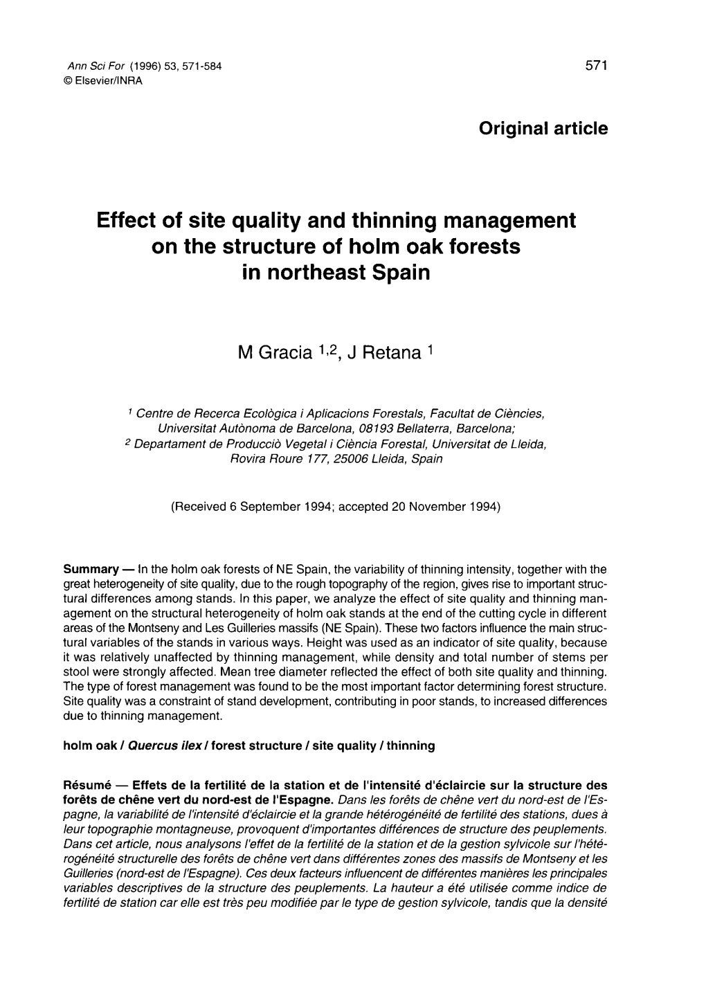 Effect of Site Quality and Thinning Management on the Structure of Holm Oak Forests in Northeast Spain