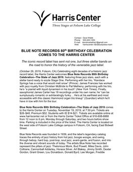 BLUE NOTE RECORDS 80Th BIRTHDAY CELEBRATION COMES to the HARRIS CENTER