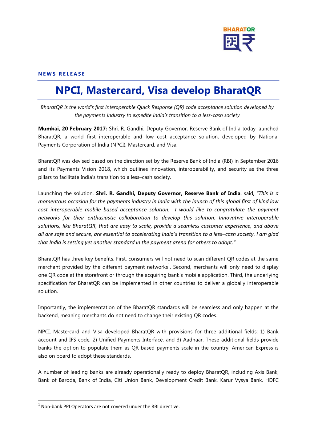 NPCI, Mastercard, Visa Develop Bharatqr