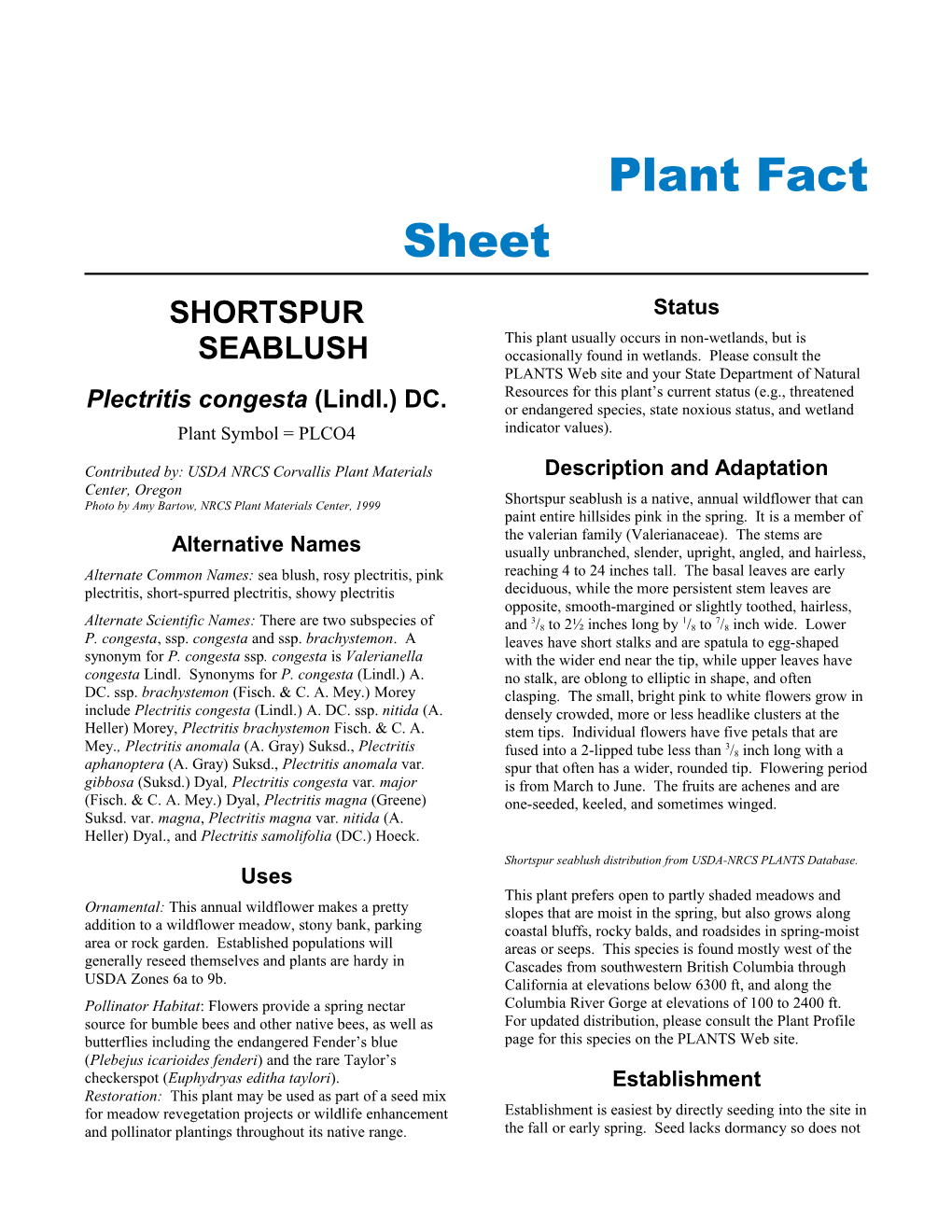 Shortspur Seablush (Plectritis Congesta) Plant Fact Sheet