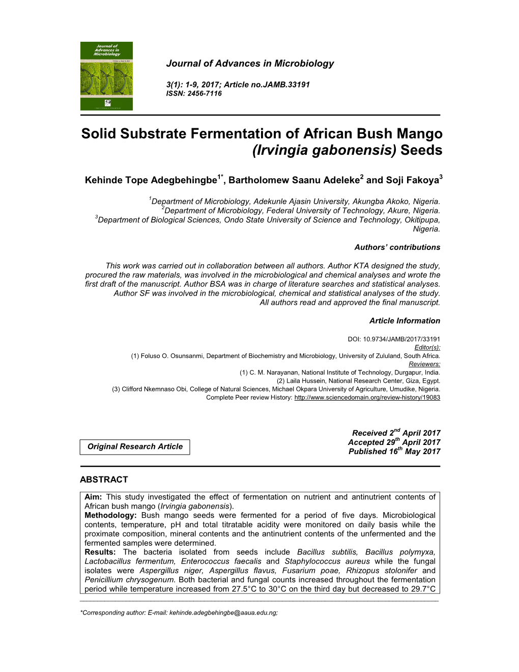 Solid Substrate Fermentation of African Bush Mango (Irvingia Gabonensis) Seeds