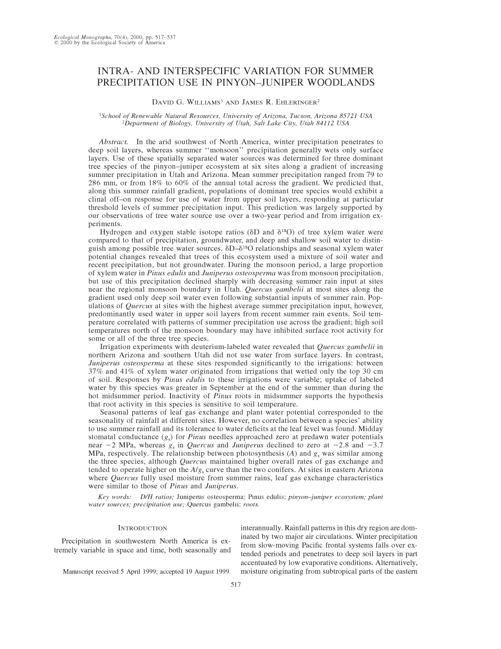 And Interspecific Variation for Summer Precipitation Use in Pinyon-Juniper Woodlands