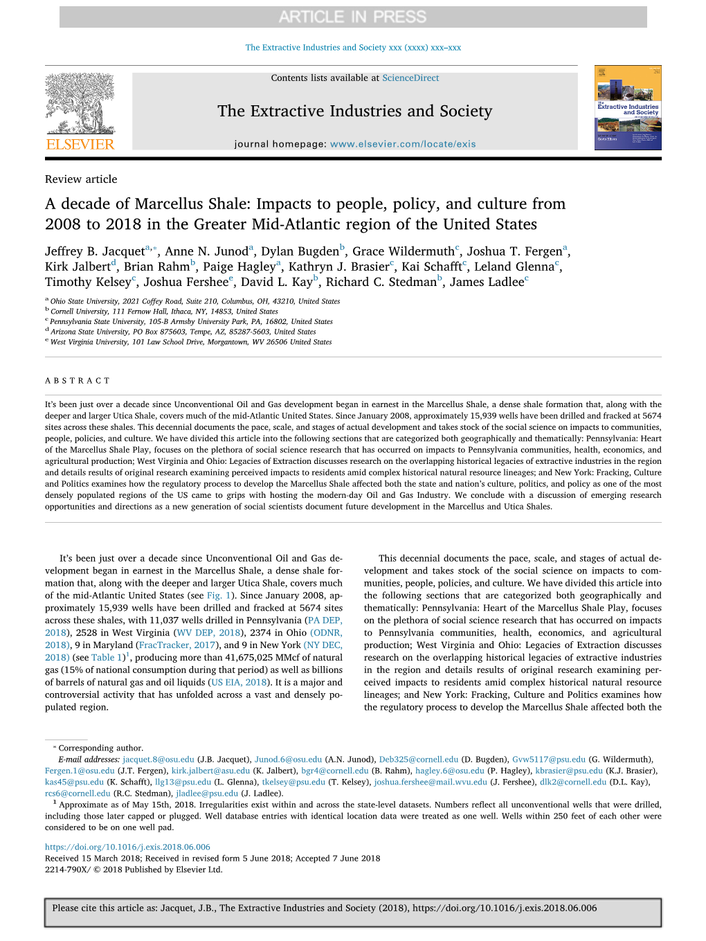 A Decade of Marcellus Shale Impacts to People, Policy, and Culture From