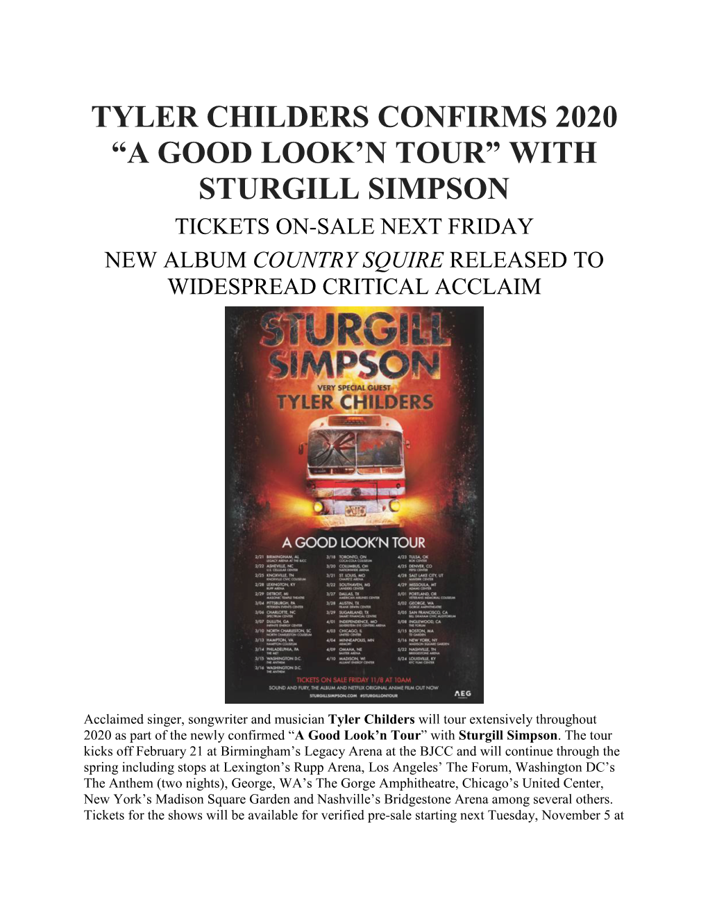 Tyler Childers Confirms 2020 “A Good Look'n Tour” With