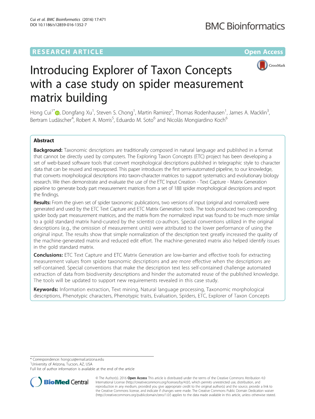 Introducing Explorer of Taxon Concepts with a Case Study on Spider Measurement Matrix Building Hong Cui1* , Dongfang Xu1, Steven S