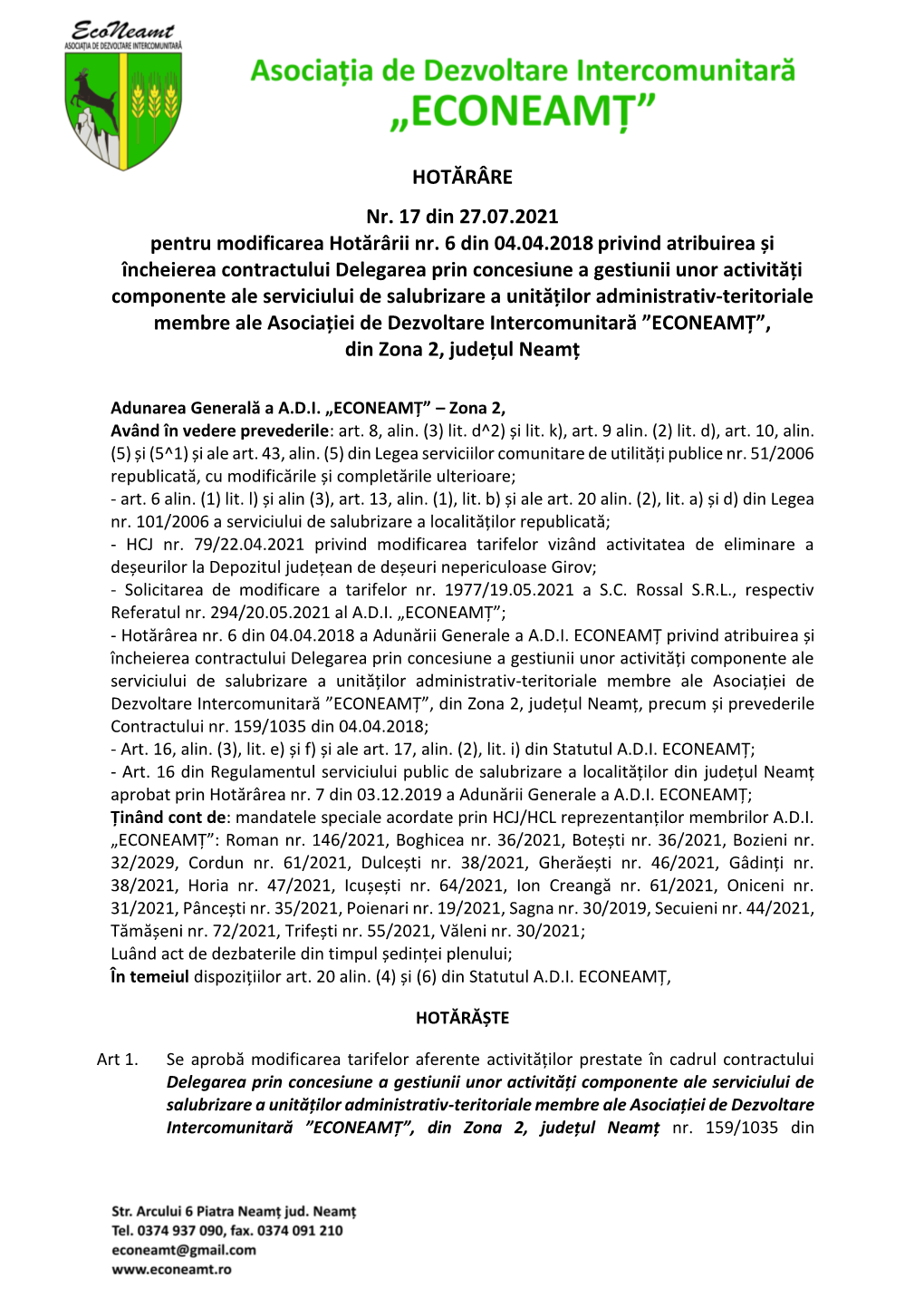 HOTĂRÂRE Nr. 17 Din 27.07.2021 Pentru Modificarea Hotărârii Nr. 6