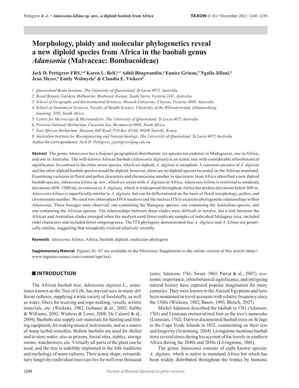 Morphology, Ploidy and Molecular Phylogenetics Reveal a New Diploid Species from Africa in the Baobab Genus Adansonia (Malvaceae: Bombacoideae)