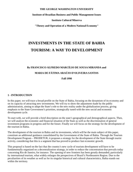 Investments in the State of Bahia Tourism: a Way to Development