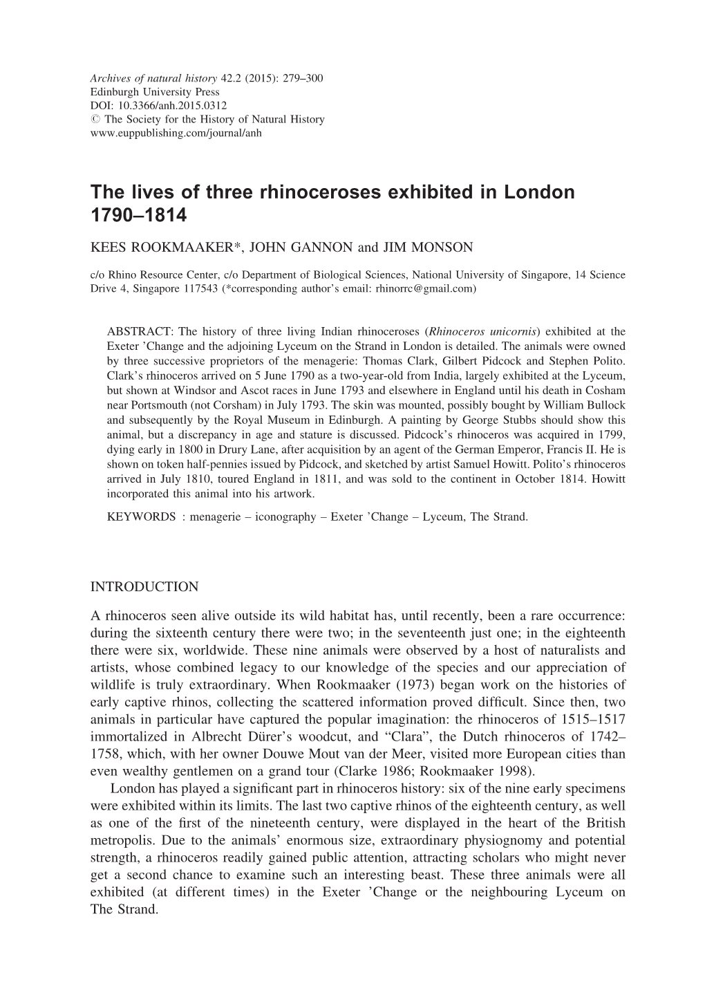 The Lives of Three Rhinoceroses Exhibited in London 1790–1814