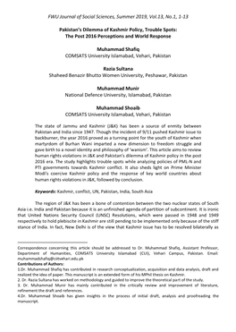 FWU Journal of Social Sciences, Summer 2019, Vol.13, No.1, 1-13 Pakistan's Dilemma of Kashmir Policy, Trouble Spots: the Post