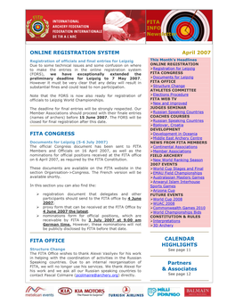 FITA INFO Newsletter April 2007 ONLINE REGISTRATION SYSTEM