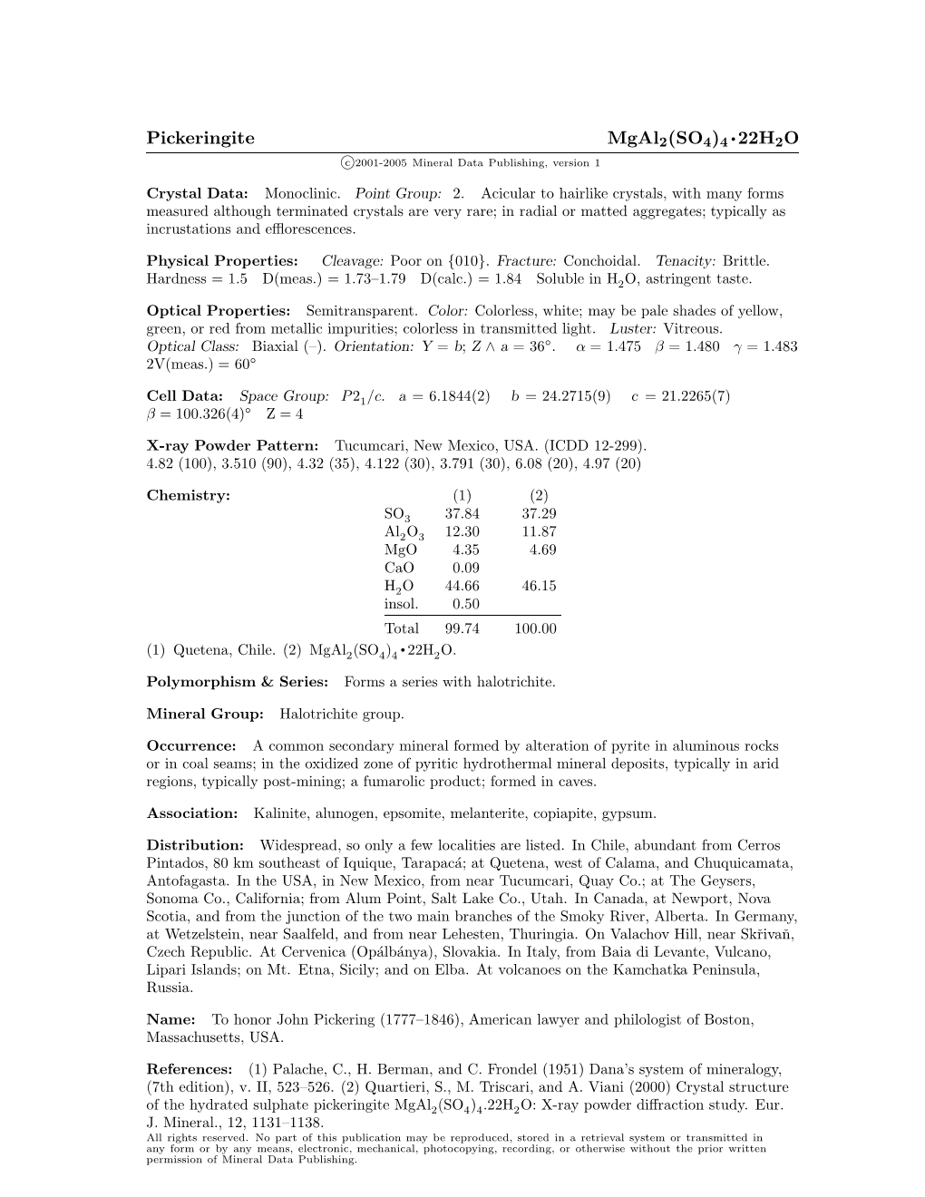 Pickeringite Mgal2(SO4)4 • 22H2O C 2001-2005 Mineral Data Publishing, Version 1