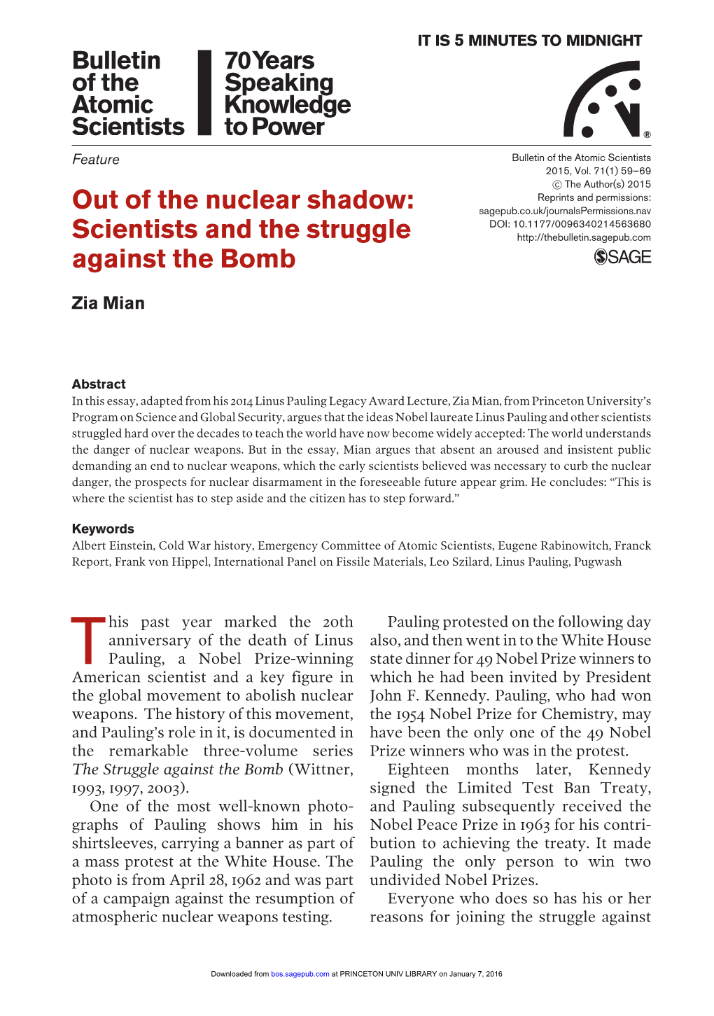 Out of the Nuclear Shadow: Scientists and the Struggle Against the Bomb