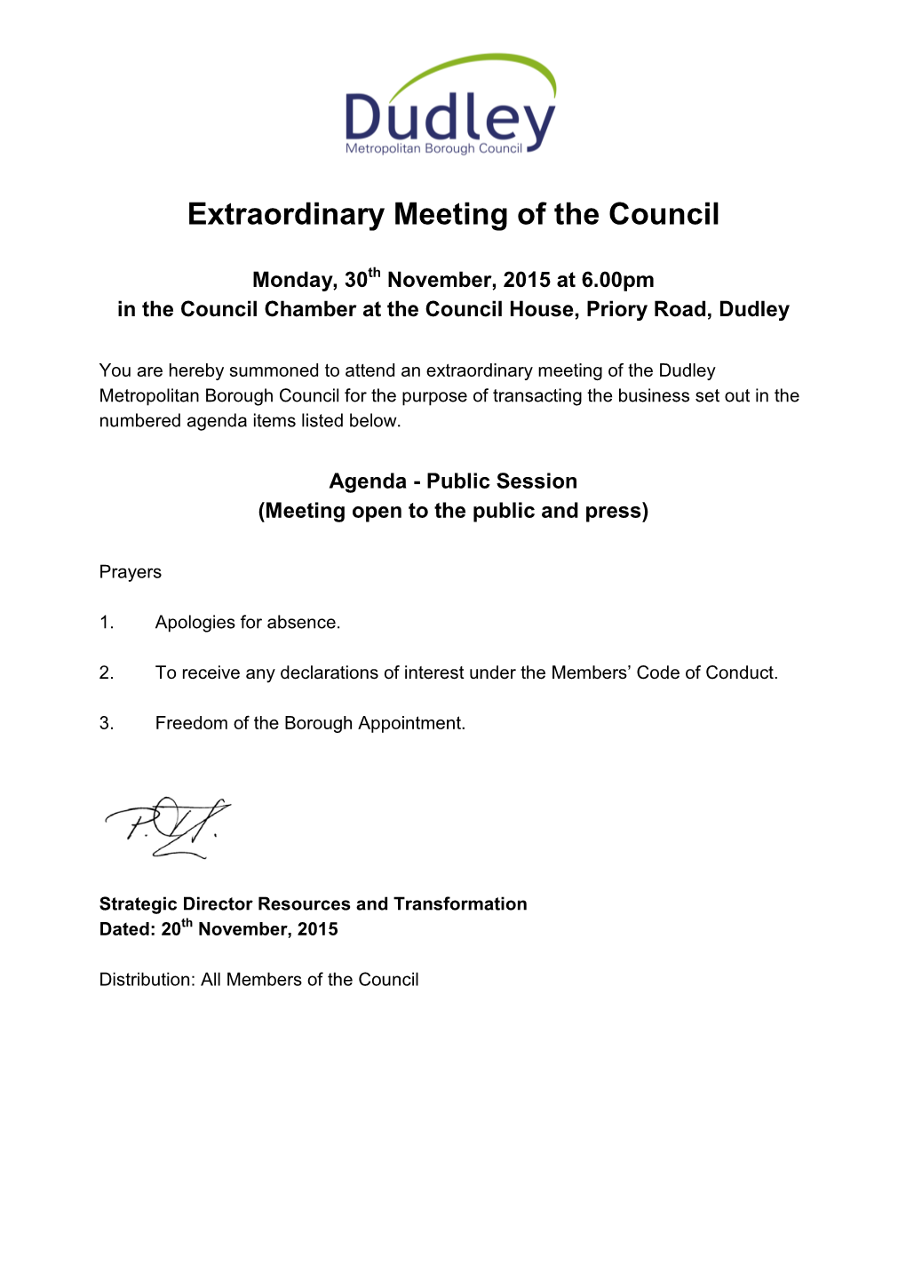 Extraordinary Meeting of the Council